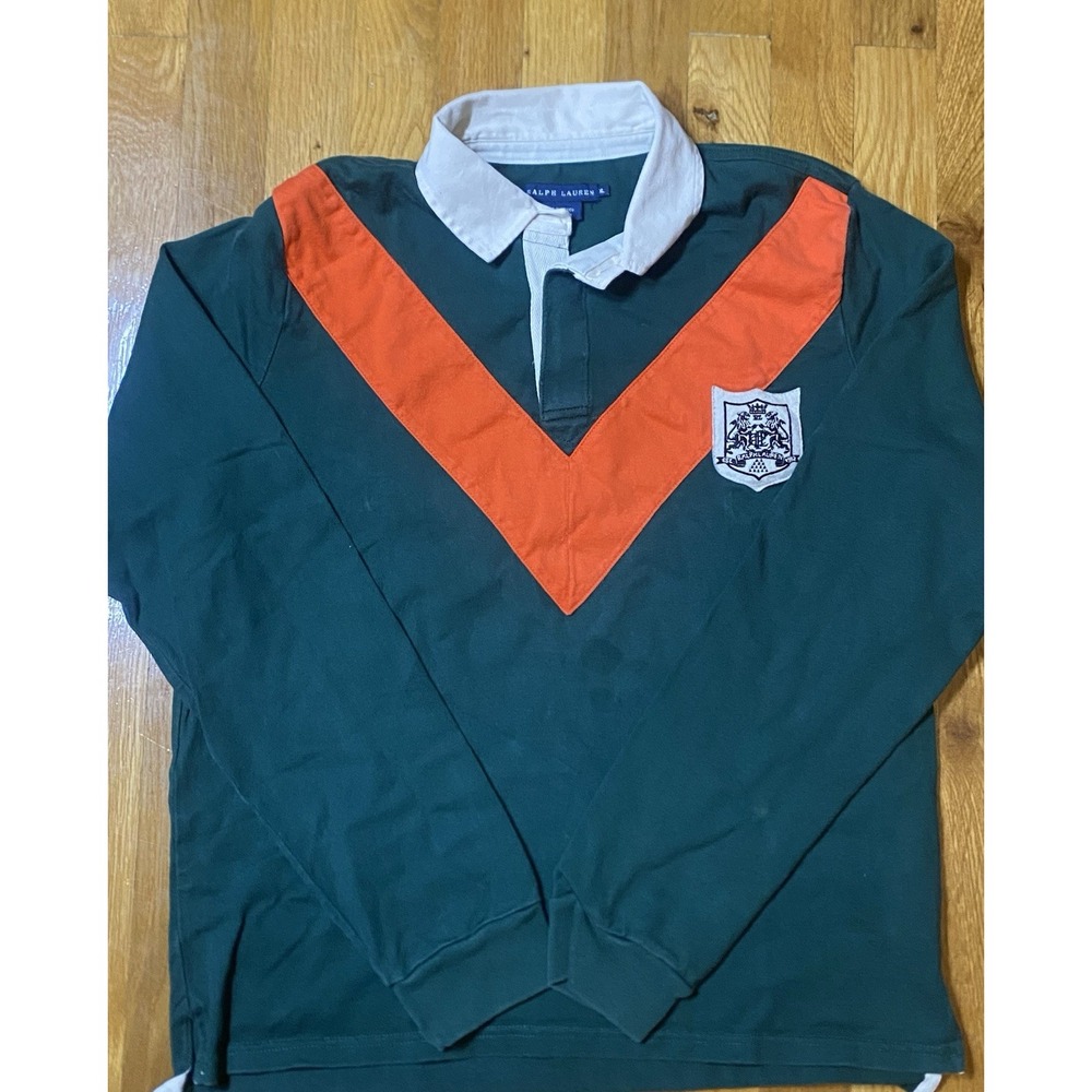 Ralph Lauren Rugby Polo Shirt Womens XL Green Orange Long Sleeve Preppy Classic